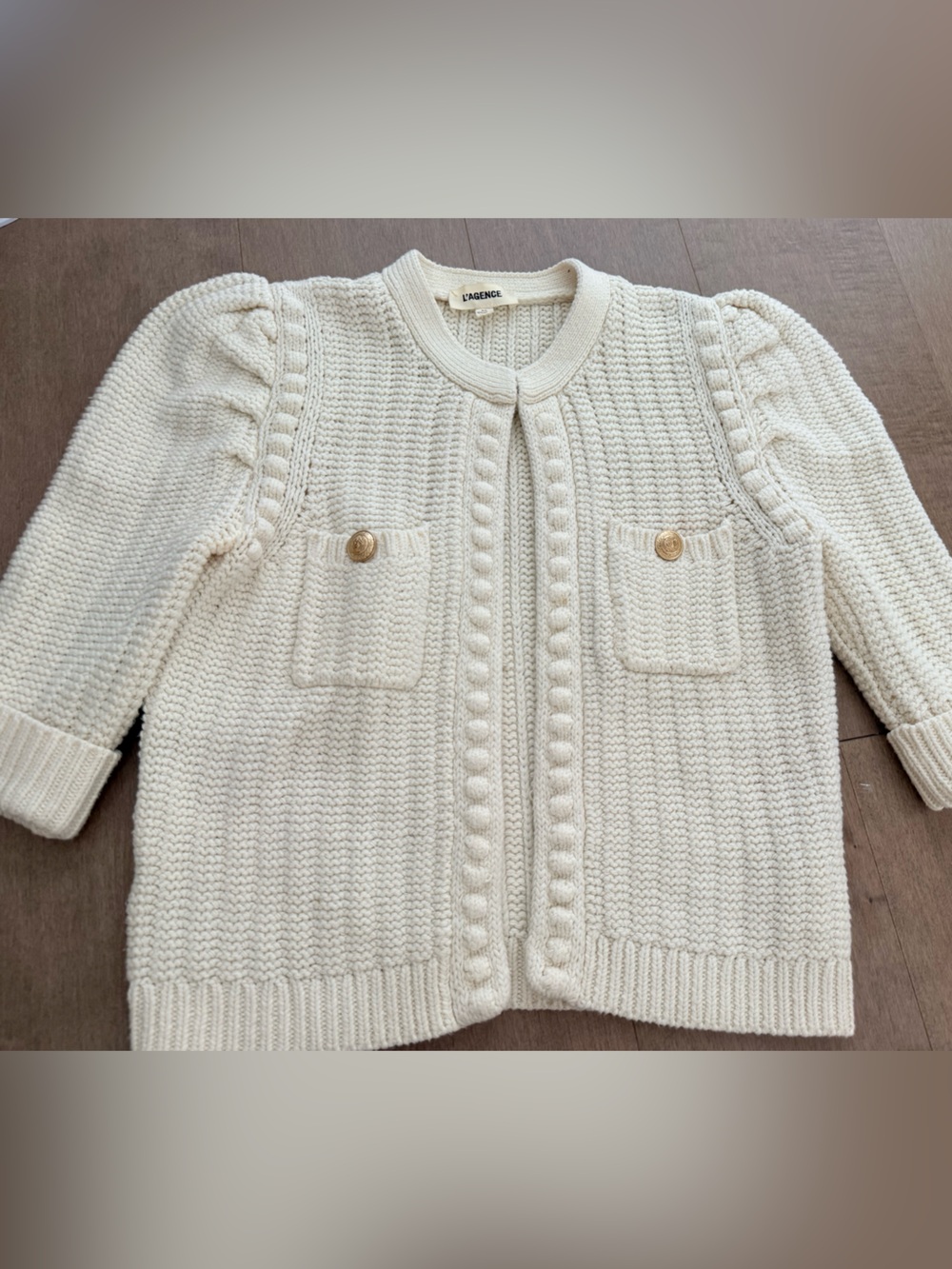 L'AGENCE Cream Chunky Knit Cardigan with Gold Buttons